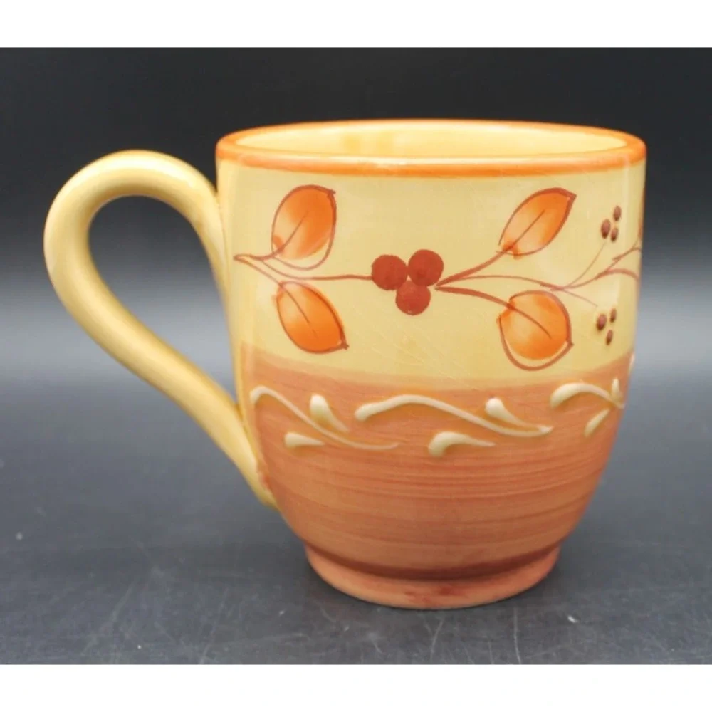Pier 1 Genoa Coffee Mugs Set of 2 Hand Painted Italian Earthenware Leaves 4